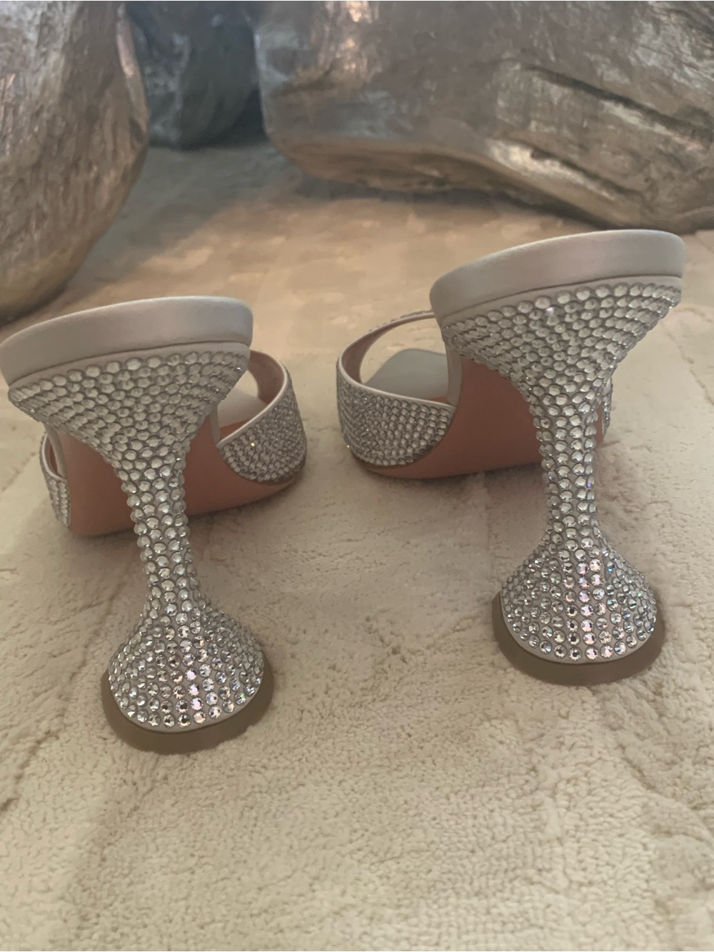 Amina Muaddi White Crystal-Embellished Heeled Mules